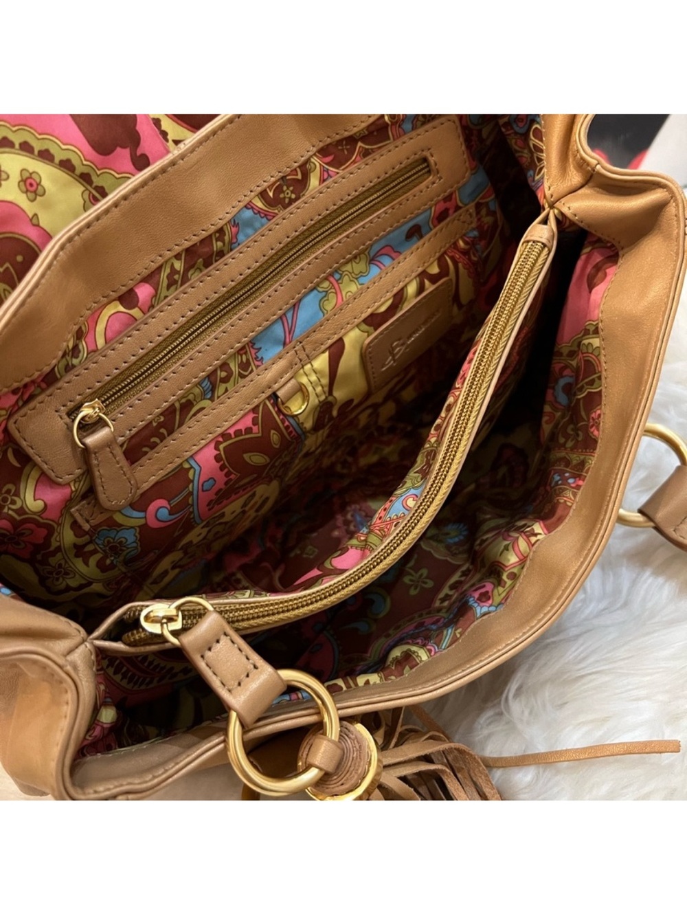 Y2K B. Makowsky Tan Leather Satchel Hobo Bag – Ornate Gold Baroque Buckle - Picture 6 of 7